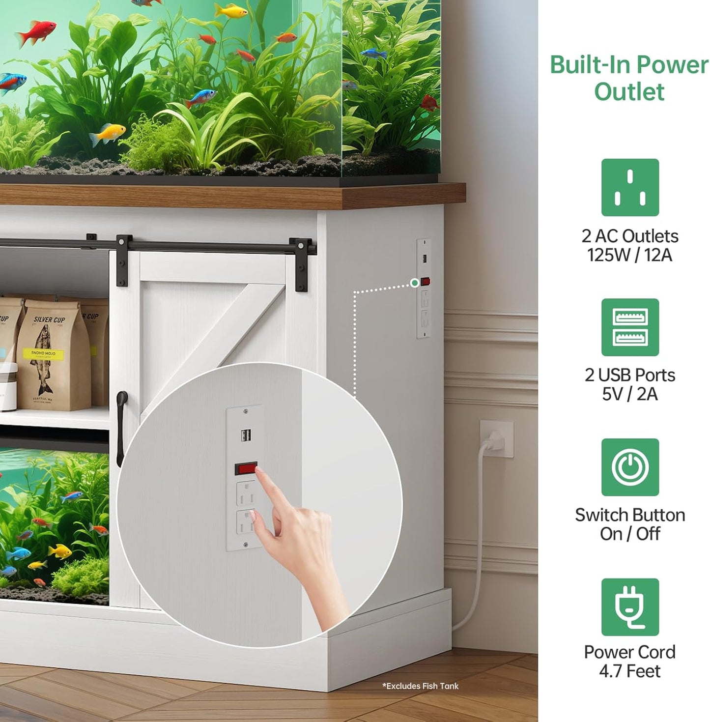 Fish Tank Stand Up to 75 Gallon, Aquarium Stand with Sliding Barn Doors & Power Outlet, White Farmhouse Style Stand with Cabinet Storage for Fish Tank, Turtle Tank, Reptile Terrarium,1000LBS Capacity