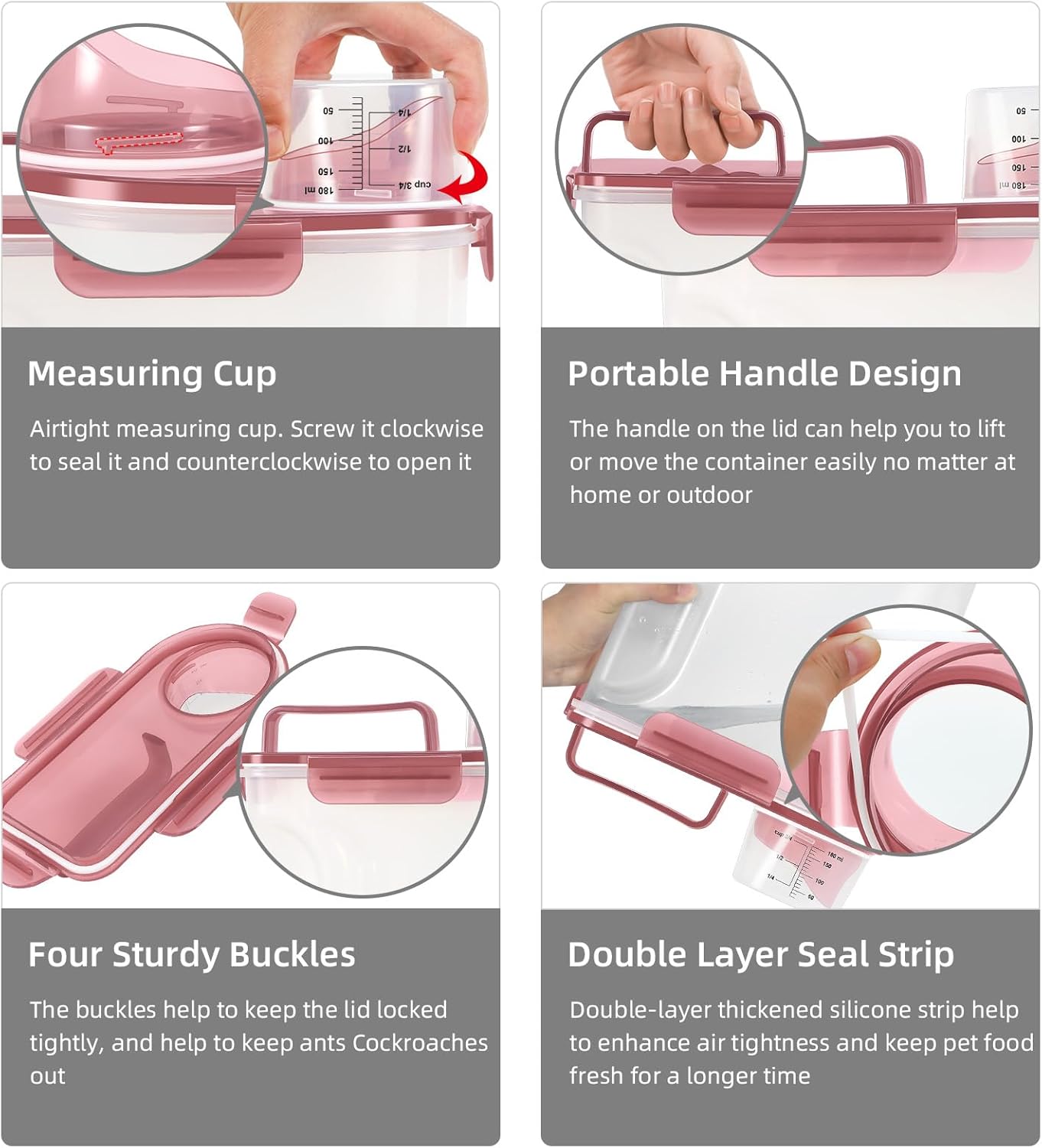 5-7Lbs Cat Dog Storage Container, Portable Pet Food Containers with Upgraded Large Spout and Cup, Small Animal Kibble Dispenser for Bird Seed, Oatmeal, Rice, Flour (2, Claer(Pink+Grey), 5L)