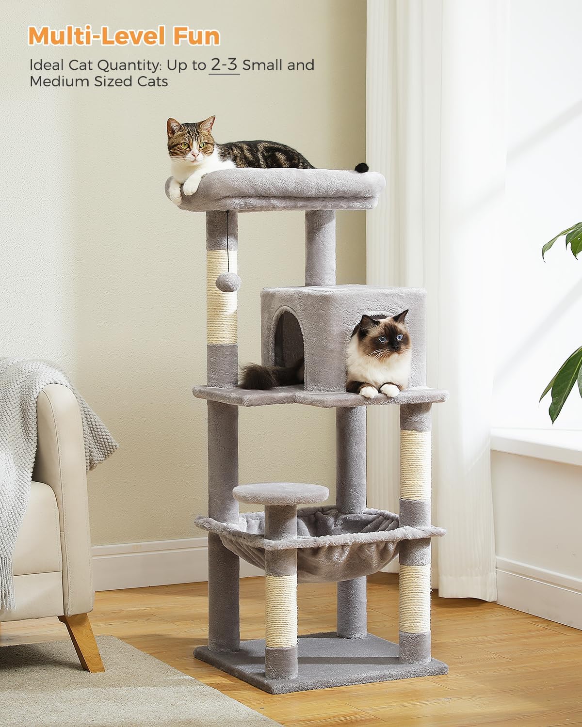 Cat Tree for Indoor Cats, 45.7" Multi-Level Cat Tower with Large Metal Frame Hammock, Cat Condo with 4 Scratching Posts and Top Perch for Small Medium Kitty, Grey