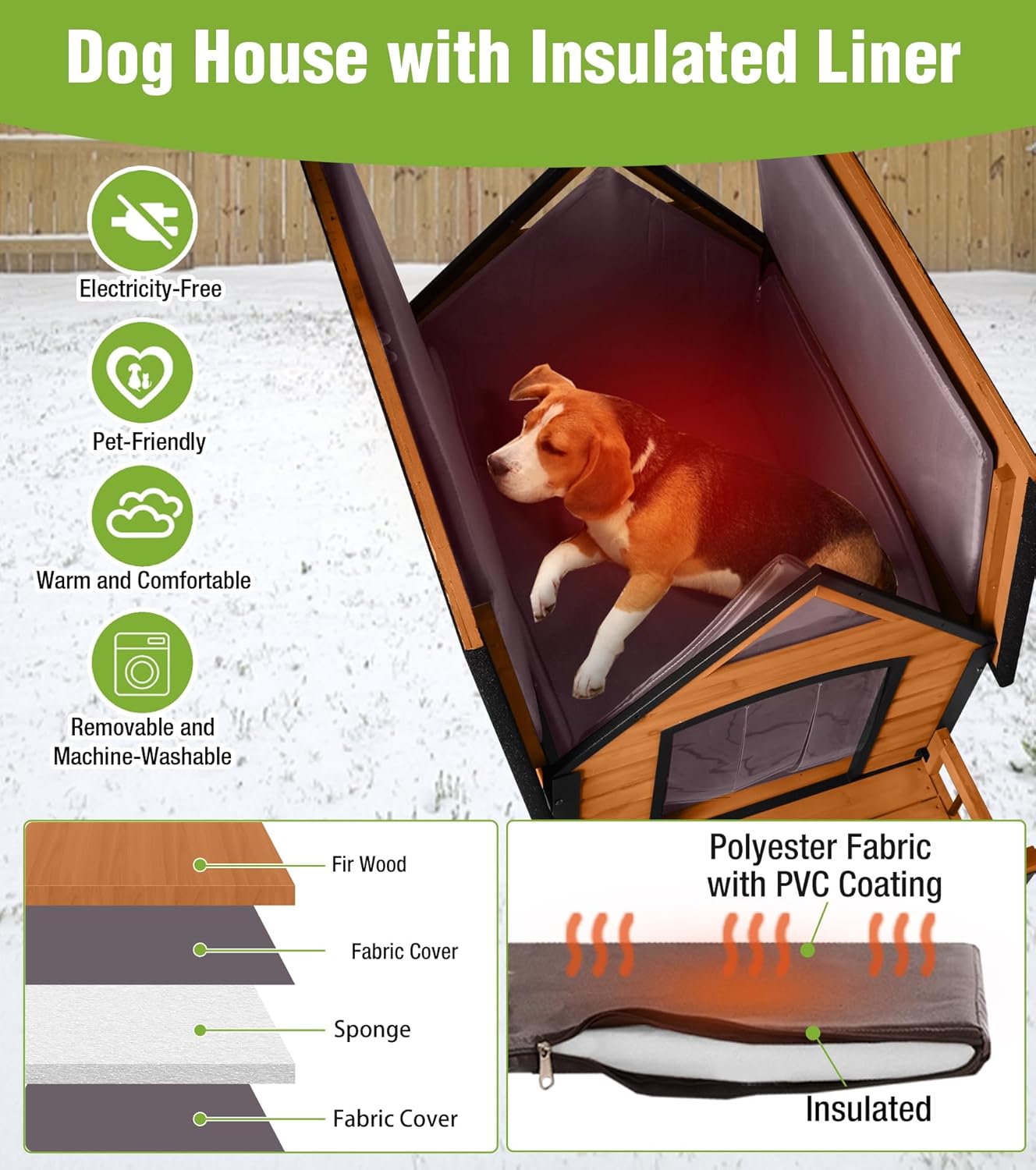 GUTINNEEN Insulated Dog House Outdoor, Waterproof Dog Kennel with Anti-Bite Design, Asphalt Roof, Elevated Base, PVC Curtain, for Small to Medium Dogs - Brown