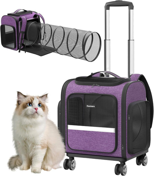 Rolling Cat Carrier with Wheels Dog Carrier for Small Dogs & Medium Cats, Expandable Pet Carrier on Wheels with Cat Play Tunnel, Large Capacity, Breathable Mesh, Side Pocket, Purple