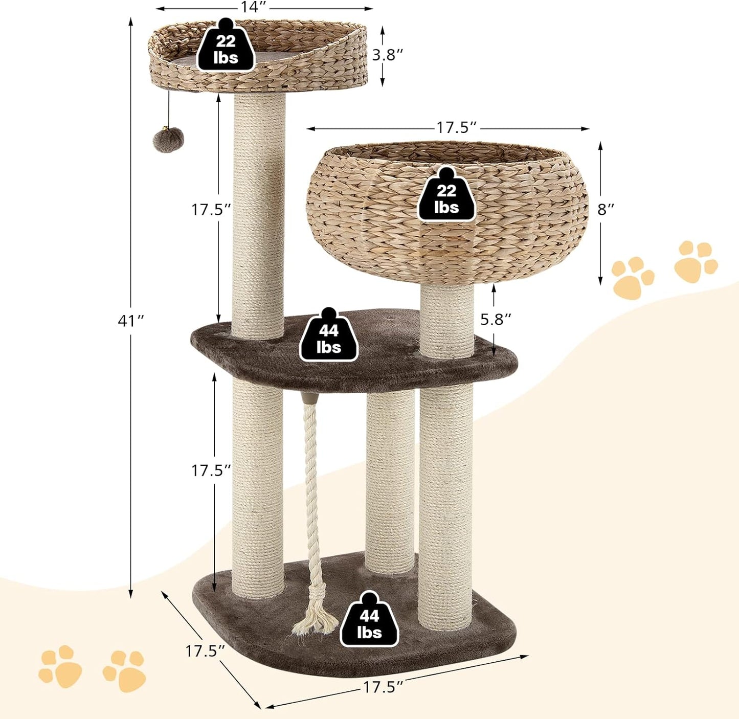 Tangkula Modern Cat Tree for Indoor Cats, Small/Tall Cat Tower with Natural Sisal Scratching Post, Hand-Made Wicker Cat Condo & Top Perch, Funny Hanging Toy Ball, Cute Cat Tree Tower for Large Cats