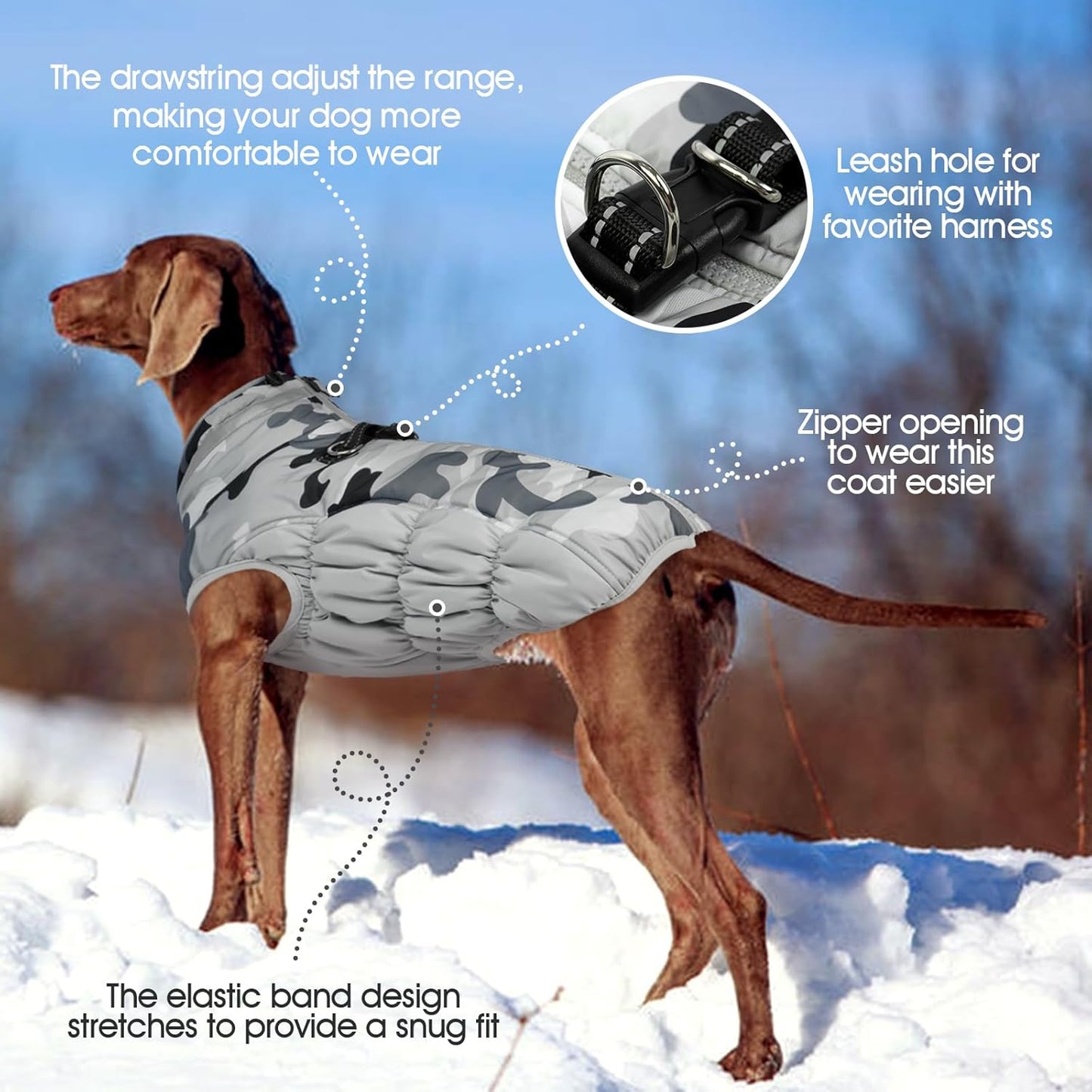FUAMEY Dog Coat for Small Dogs,Waterproof Dog Winter Jacket with Harness Built in Puppy Cold Weather Coats Reflective Pet Vest with Zipper Warm Fleece Dogs Snowsuit Windproof Grey Camo XS