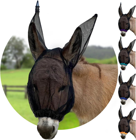 Donkey Fly Mask with Long Ears (Black) Made in USA - Mule Fly Mask with Ears Protection from Insects and Bugs, Small Donkey Soft Mesh Fabric with Adjustable Fastener, Face Cover Supplies for Donkeys
