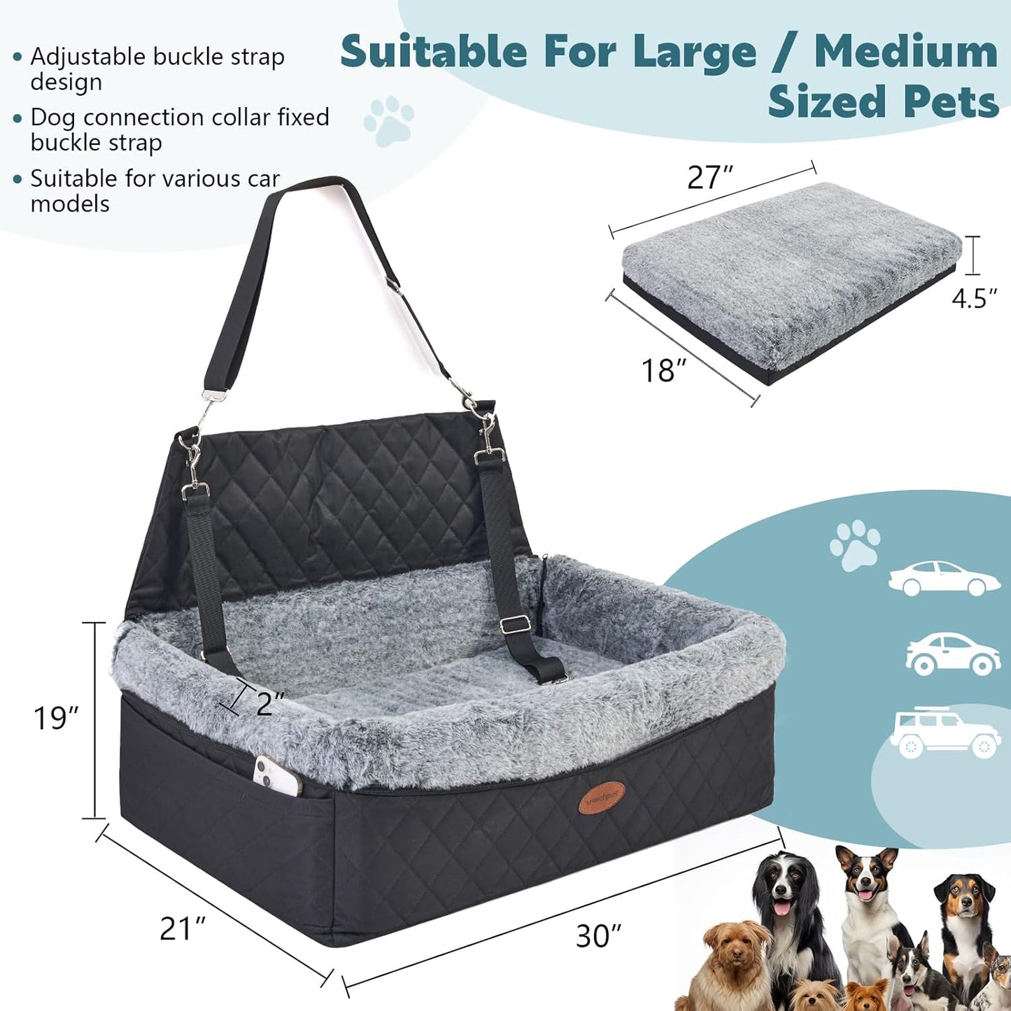 Dog Car Seat for Large/Medium Pet, Anti Slip Bottom Dogs Booster Seat for All Seasons,Pet Travel Bed with Thick Dog Sofa Cushion,2 Safety Leashes(Black)