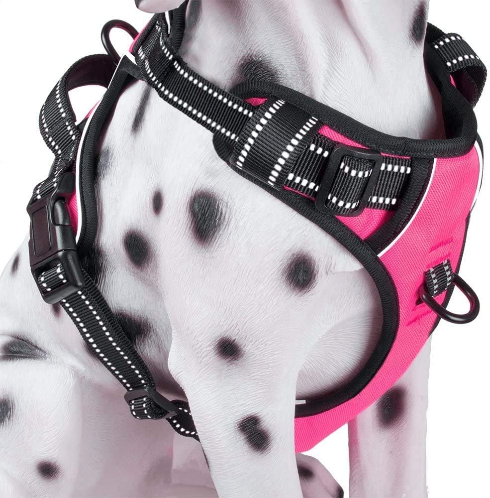 PoyPet No Pull Dog Harness, Reflective Comfortable Vest Harness with Front & Back 2 Leash Attachments and Easy Control Handle Adjustable Soft Padded Pet Vest for Small to Large Dogs (Pink,XS)