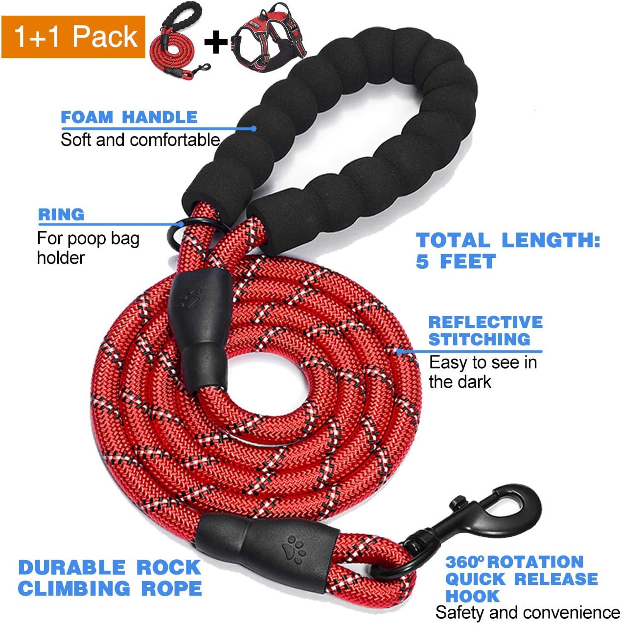 No Pull Dog Harness Adjustable Reflective Oxford Easy Control Medium Large Dog Harness with A Free Heavy Duty 5ft Dog Leash (S (Chest: 17.5"-21"), Red Harness+Leash)
