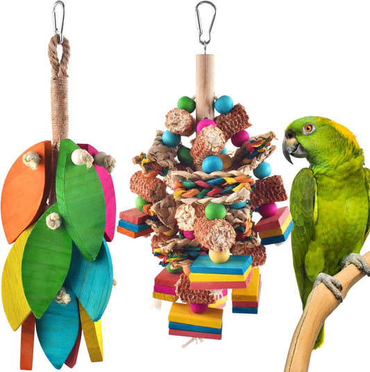2 Pcs Large Bird Toys, Natural Corn Cob Parrot Chew Toy, Multicolored Leaf-Shaped Chewing Wood Blocks for Large and Medium-Sized Macaws, Cockatoos, Amazon Parrots, African Grey