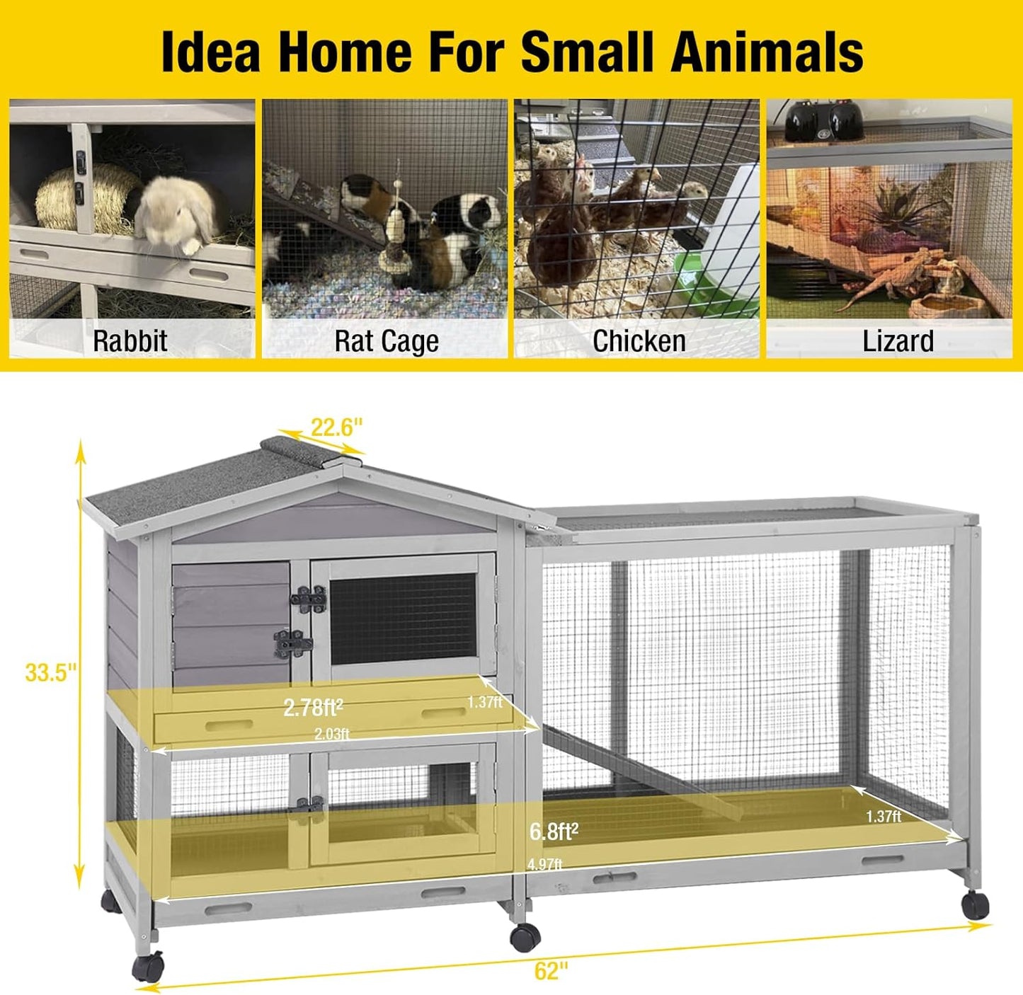 Aivituvin Rabbit Hutch Outdoor Indoor Rabbit Cage Chikcen Coop with Casters Guinea Pig Cage with 3 Deep No Leakage Pull Out Tray,Waterproof Roof