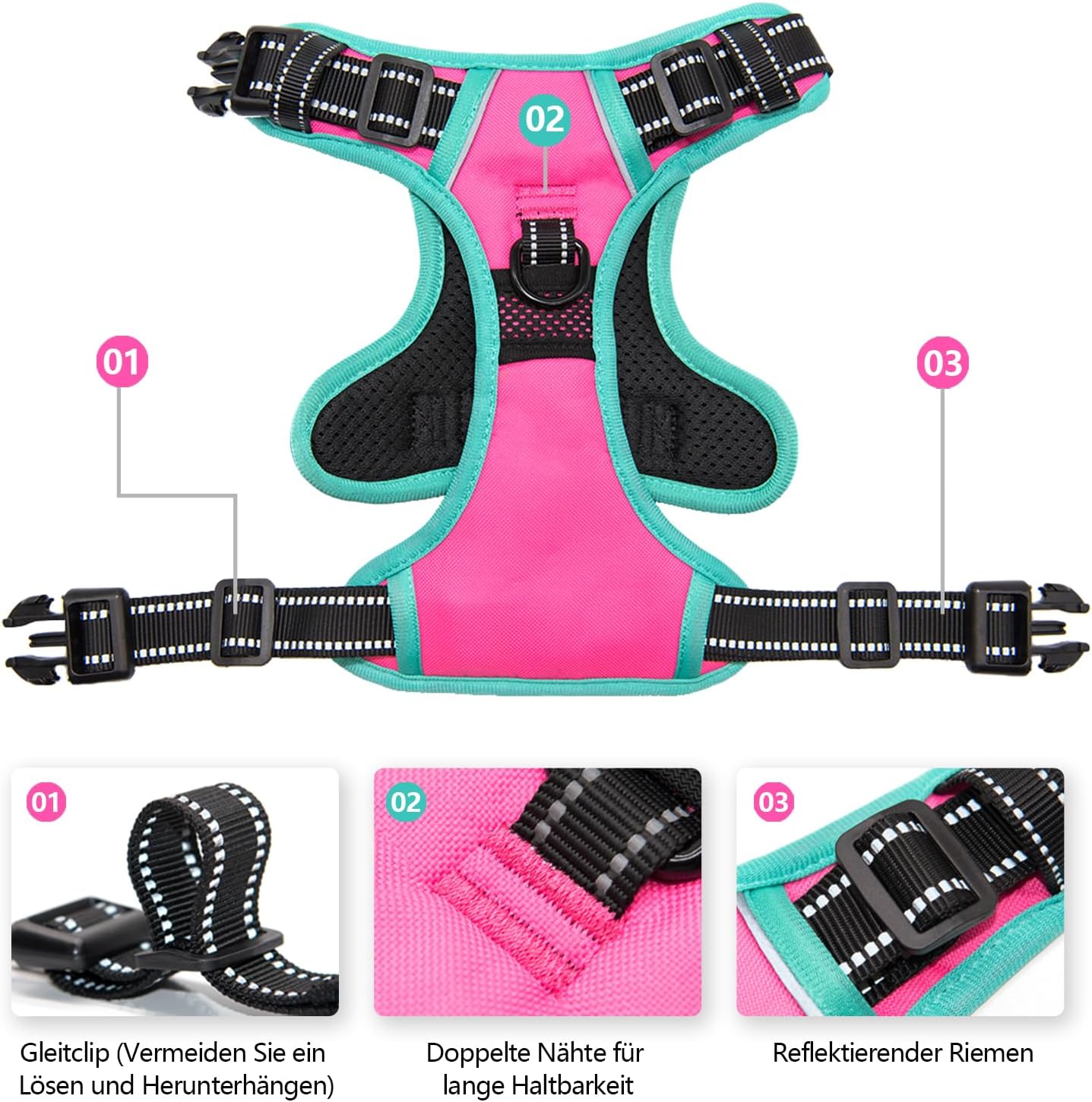 PHOEPET 2019 Upgraded No Pull Dog Harness, Reflective Adjustable Vest, with a Training Handle + 2 Metal Leash Hooks+ 3 Snap Buckles +4 Slide Buckles(XS, Pink)