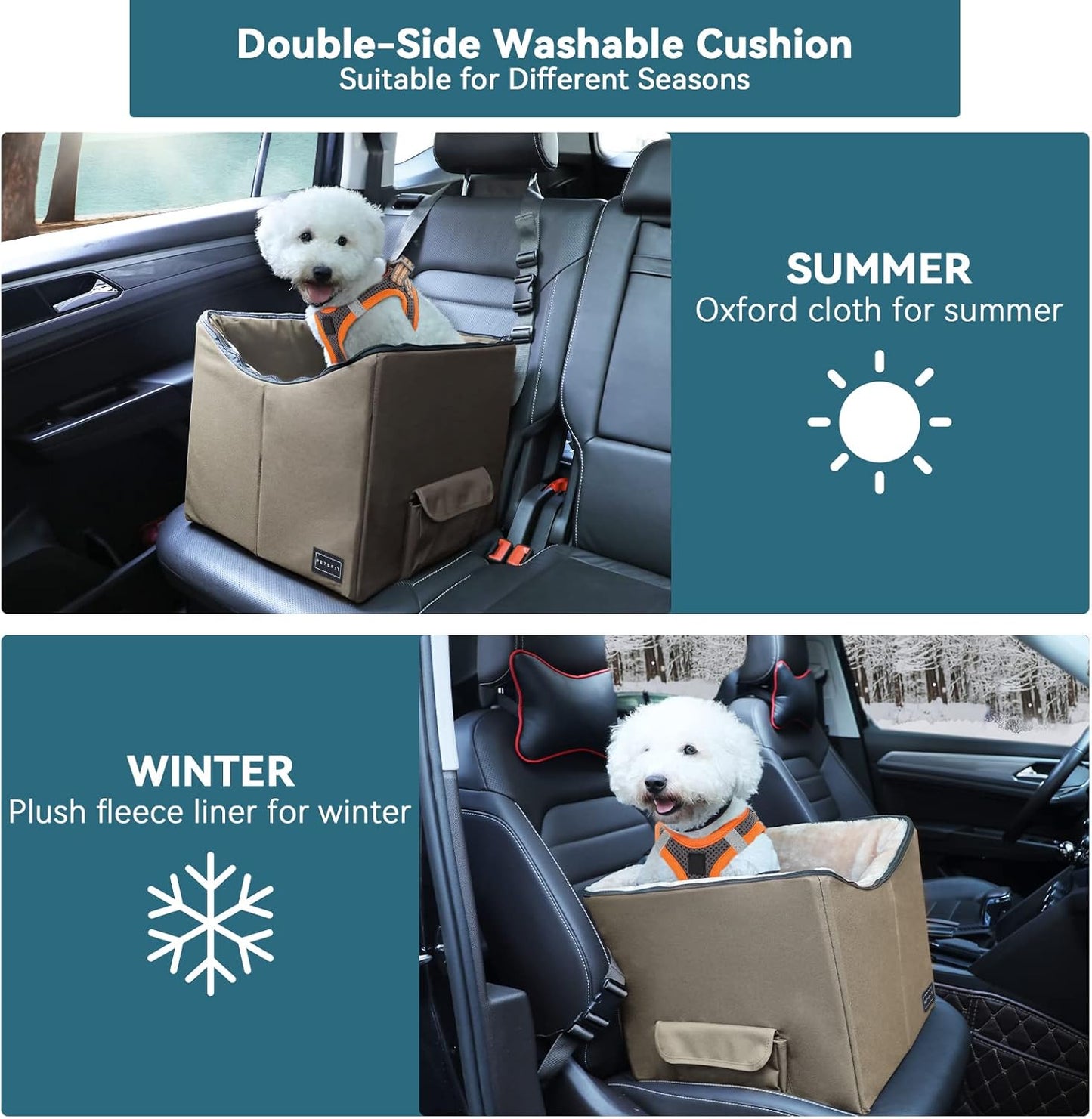 Petsfit Dog Booster Car Seat for Small Dogs, Dog Car Seat with Safety Leash, Suitable for Cars, Trucks, and SUVs (Small, Brown)