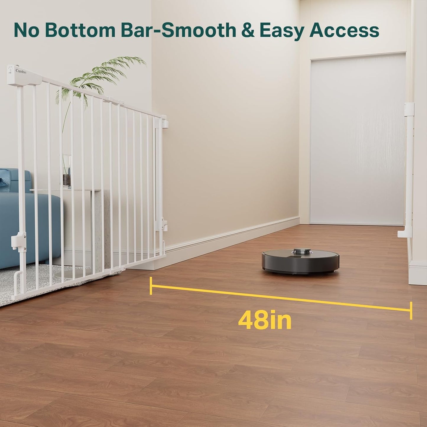 Cumbor 31.6-48" No Bottom Bar Baby Gate for Stairs, 2-in-1 Auto Close Dog Gate Indoor, Hardware Mounted Pet Gate for Doorways with Large Walk Thru Door, Child-Proof Safety Gate for Kids (White)