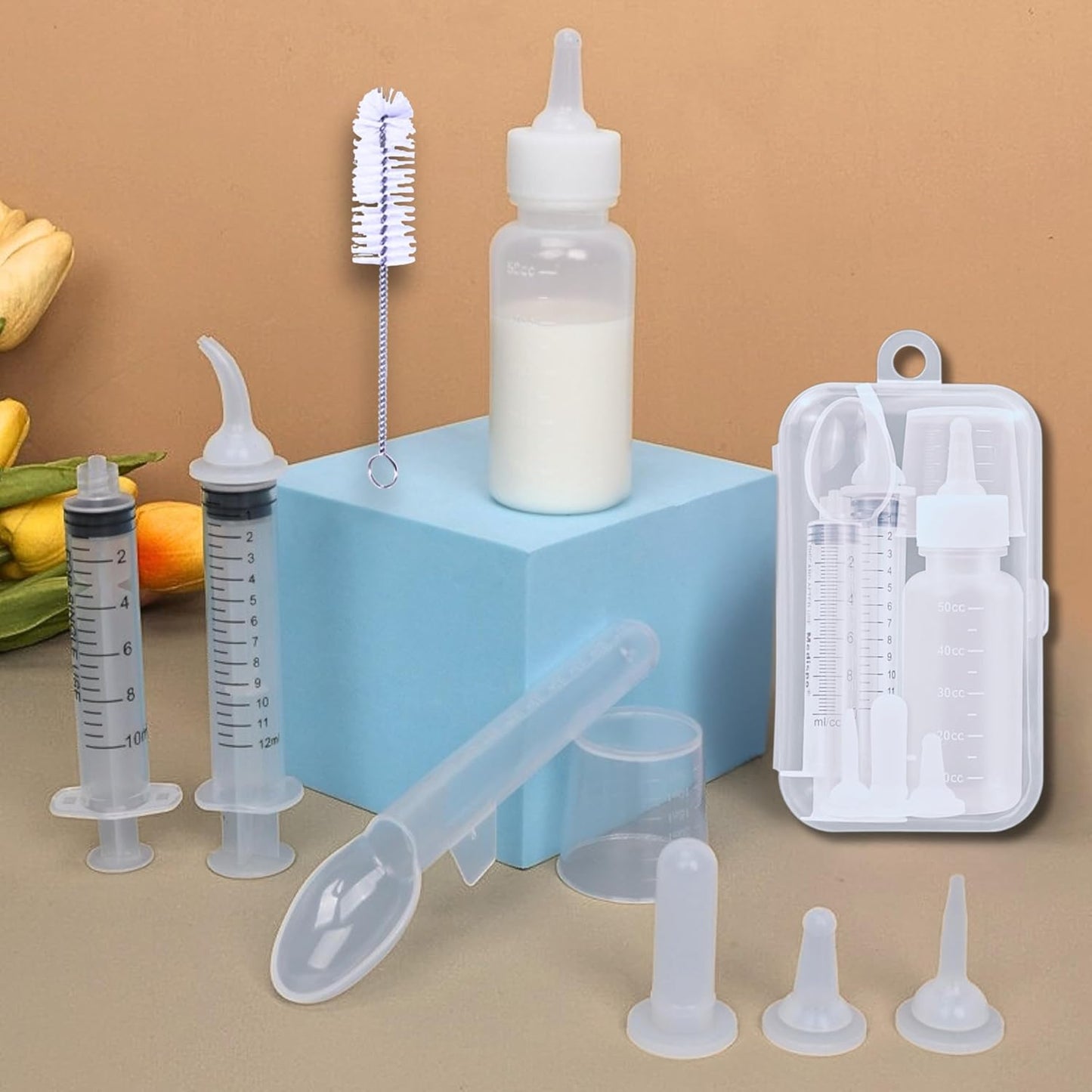 Newborn & Senior Pet Feeding Kit, Kitten/Puppy Bottle (50ml), Syringe with Silicone Nipple, Oral Dosing Syringe, Soft BPA-Free Nipples, Medicine Dispenser & Travel Case for Cats Dogs Rabbits Squirrels