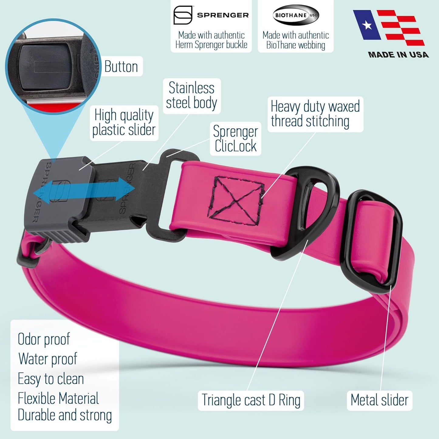 Dogline Biothane Waterproof Dog Collar with Herm Sprenger Black Stainless Steel Quick Release Buckle – Heavy Duty Tactical Durable Collar for Dogs – Comfortable and Safe Pet Collar W1 L15-25 Magenta