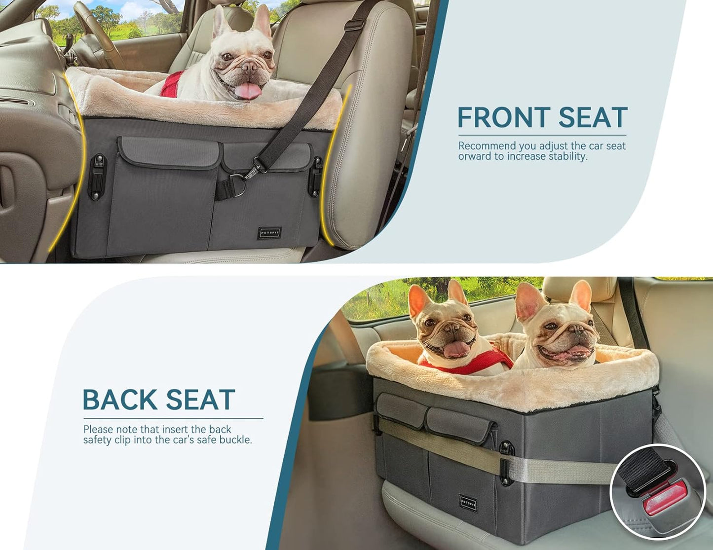 Petsfit Dog Car Seat for Medium Dogs or 2 Small Dogs, Upgraded Dog Booster Car Seat for Front and Back Seats with 2 Safety Leashes (Medium, Deep Grey)
