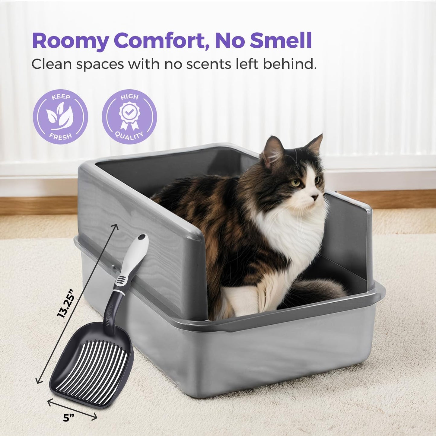 iPrimio - Stainless Steel Litter Box for Cats - Enclosed Sides and Easy to Clean - Includes High-Sided Litter Box, Scooper for Extra Litter Scatter Protection - XL Size for Big Cats - 23.5"x15.5"x6"