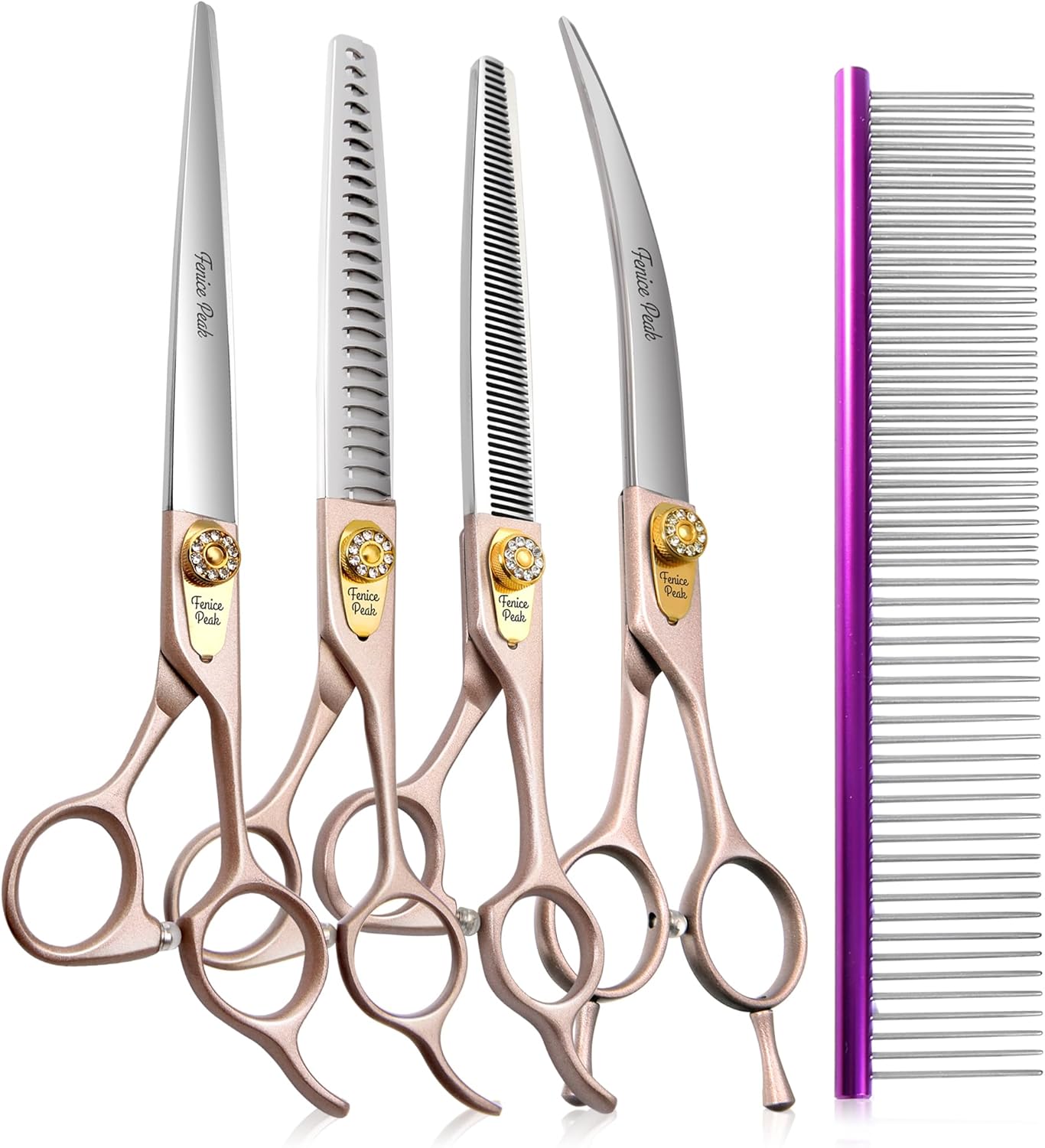 Fenice Peak 7‘’ Professional Dog Grooming Scissors Set Rose Gold 440C Stainless Steel Straight Thinning Curved Chunker Shears 4pcs Set for Pet Grooming Services Dogs and Cats
