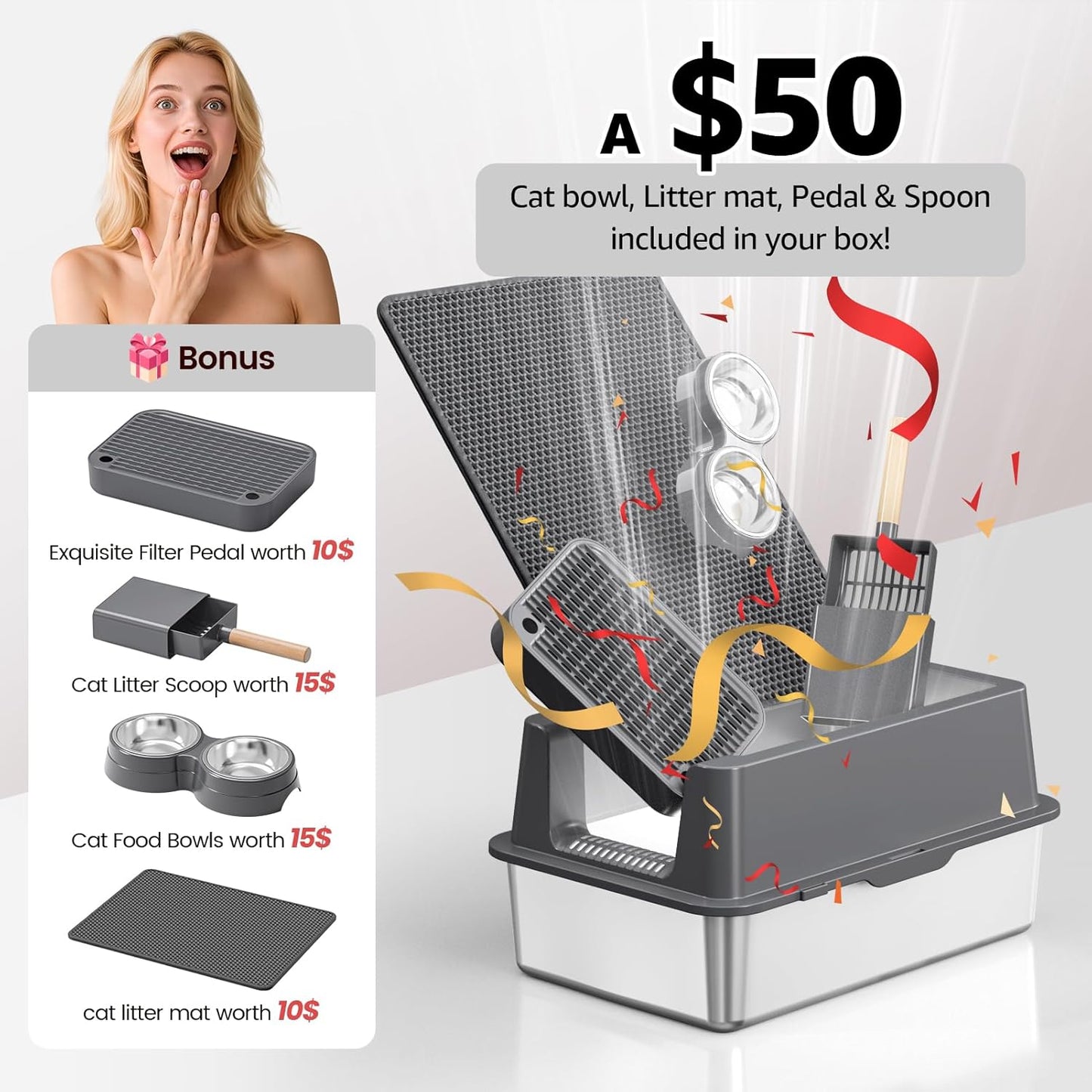 Stainless Steel Cat Litter Box - Enclosed XL Metal Kitty Litter Box with Lid for Big Cats, High Sided, Anti-Leakage, Easy Cleaning, Non-Sticky, Included Litter Mat, Cat Bowl & Spoon