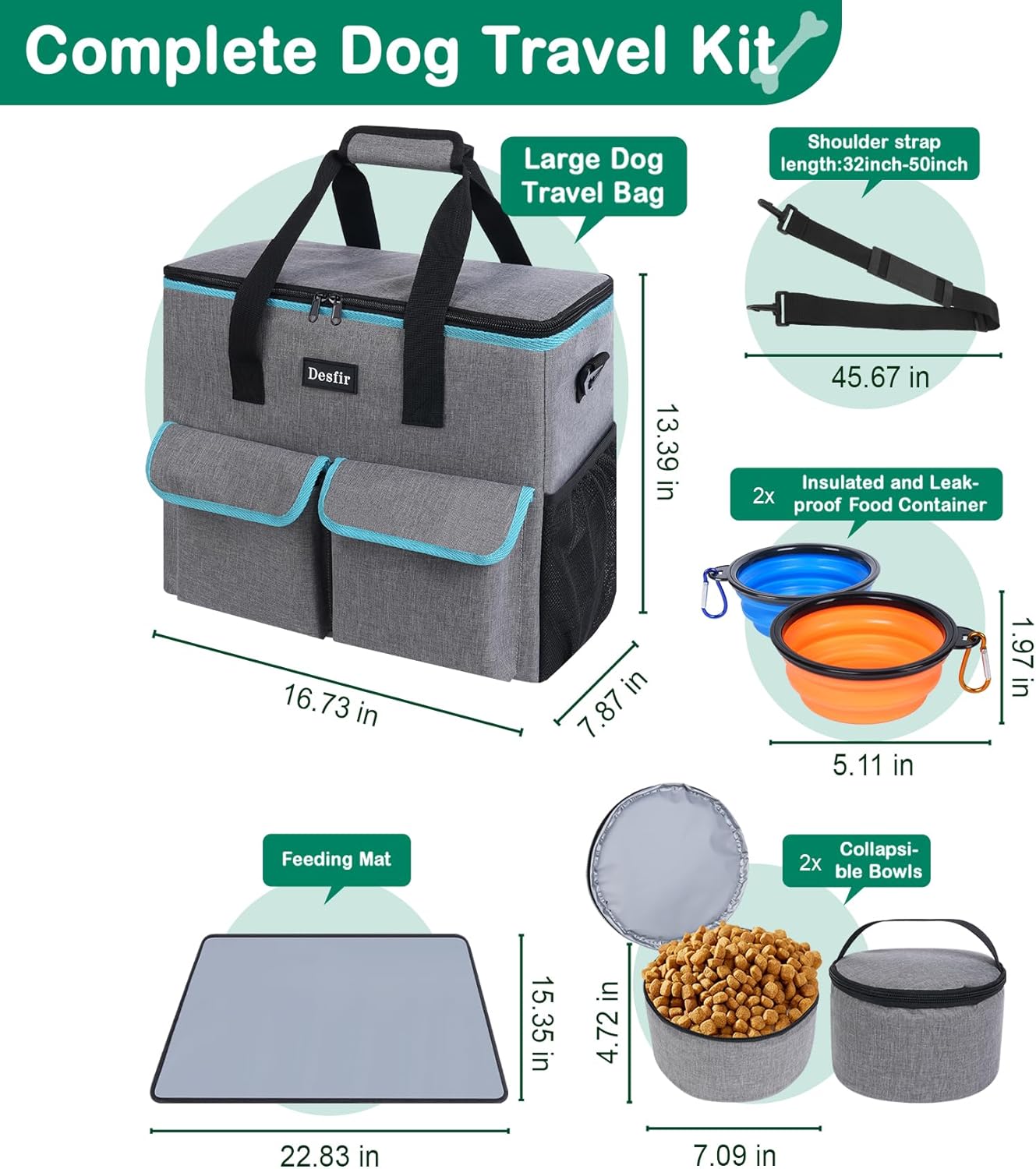 Large Pet Travel Bag Organizer - Dog & Cat Tote with Food Containers, Bowls, Feeding Mat, Perfect for Camping, Hiking (Multi-Pocket Design)
