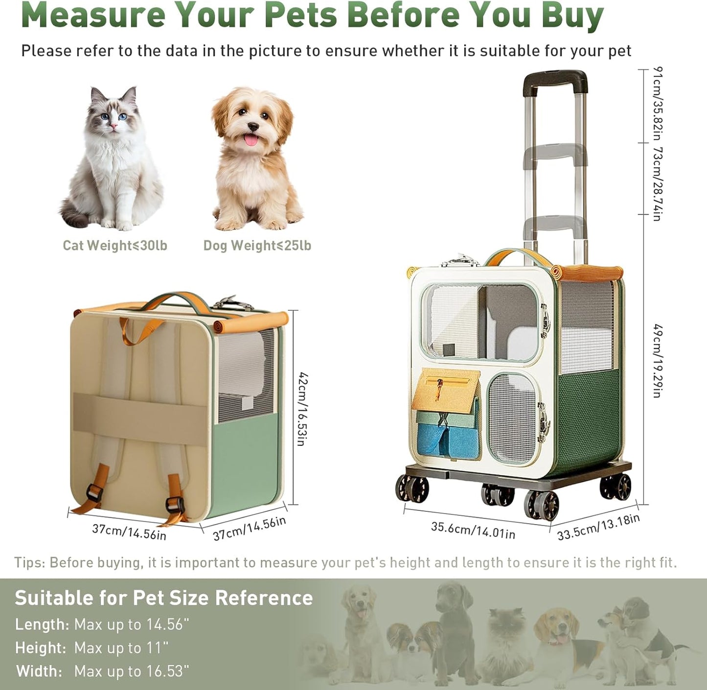 Cat Carrier with Wheels, Soft Rolling Pets Carrier Collapsible on Wheel Pet Handbag Cats Backpack, Dog Carriers up to 25 LBs Removable Cat Bag for Small Dogs Medium Cats Outing(NOT for TSA)