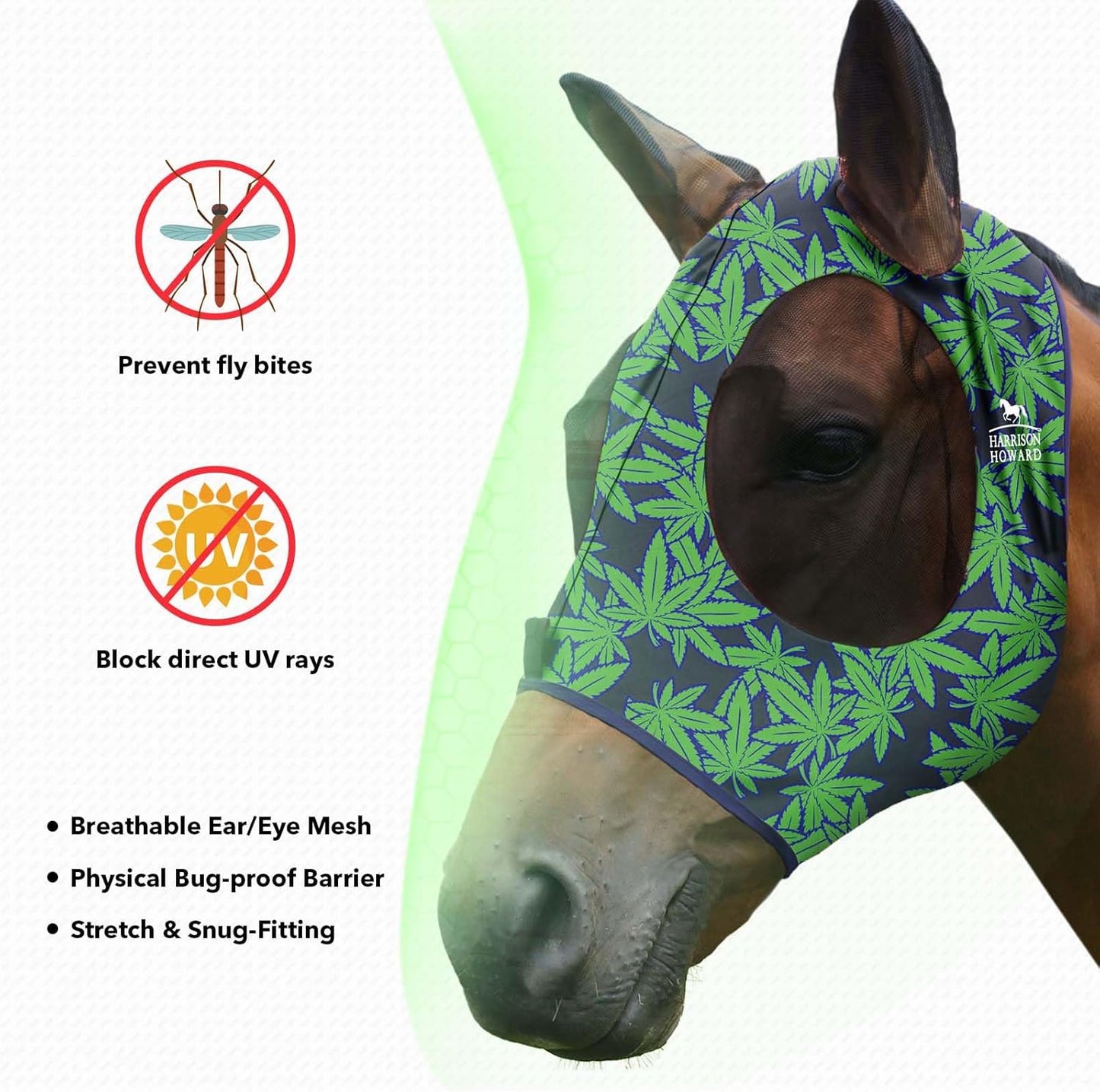 Harrison Howard Super Comfort Stretchy Fly Mask Large Eye Space with UV Protection Soft on Skin with Breathability Live Leaf L