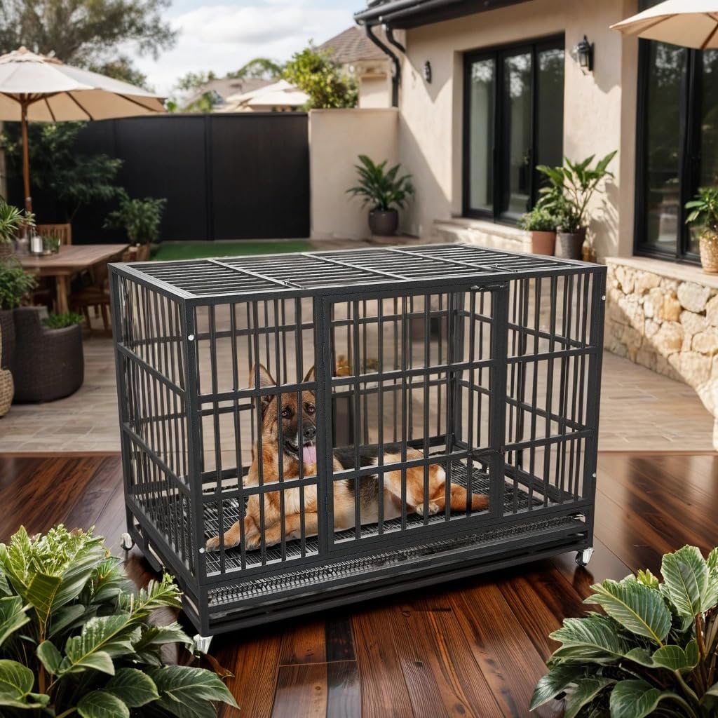 54/48/42/38 Inch Heavy Duty Dog Crate Cage with Wheels, Indestructible and Escape Proof Steel Kennel Indoor for High Anxiety Dogs with Sturdy Locks, Double Door and Tray, Extra Large XL XXL