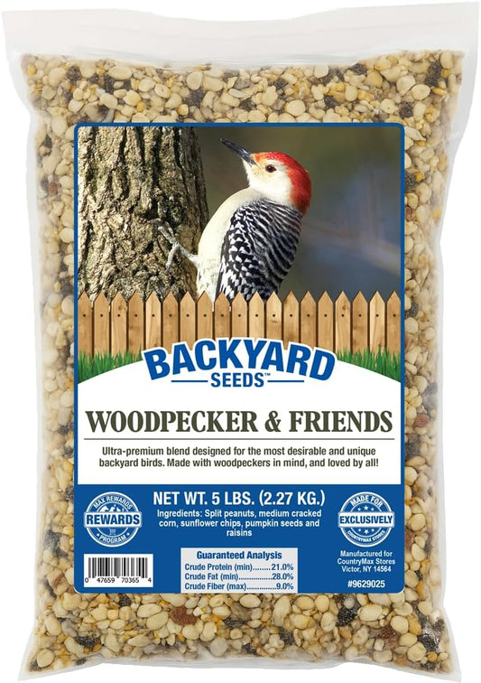 CountryMax Backyard Seeds Woodpecker No Waste Bird Seed Mix – 5 lb Bag | Shelled Peanuts, Sunflower Chips, Tree Nuts | Attracts Woodpeckers, Nuthatches, Jays