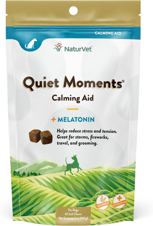 NaturVet Quiet Moments Calming Dog Supplement, Dog Soft Chews with Melatonin to Help Reduce Stress from Storms, The Vet, Fireworks, and Travel, Bacon and Chicken Flavored Pet Supplement, 65 Count