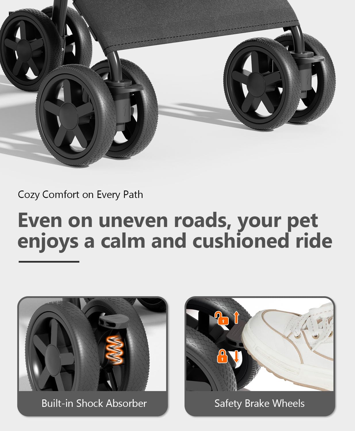 Pet Stroller with 4 Wheels for Small/Medium Pets, Portable Travel Foldable Carrier Jogger for Dog Cat Puppy Kitty, Rear Wheel Breaks, Storage Basket, Visible Mesh with Weather Cover (Black)