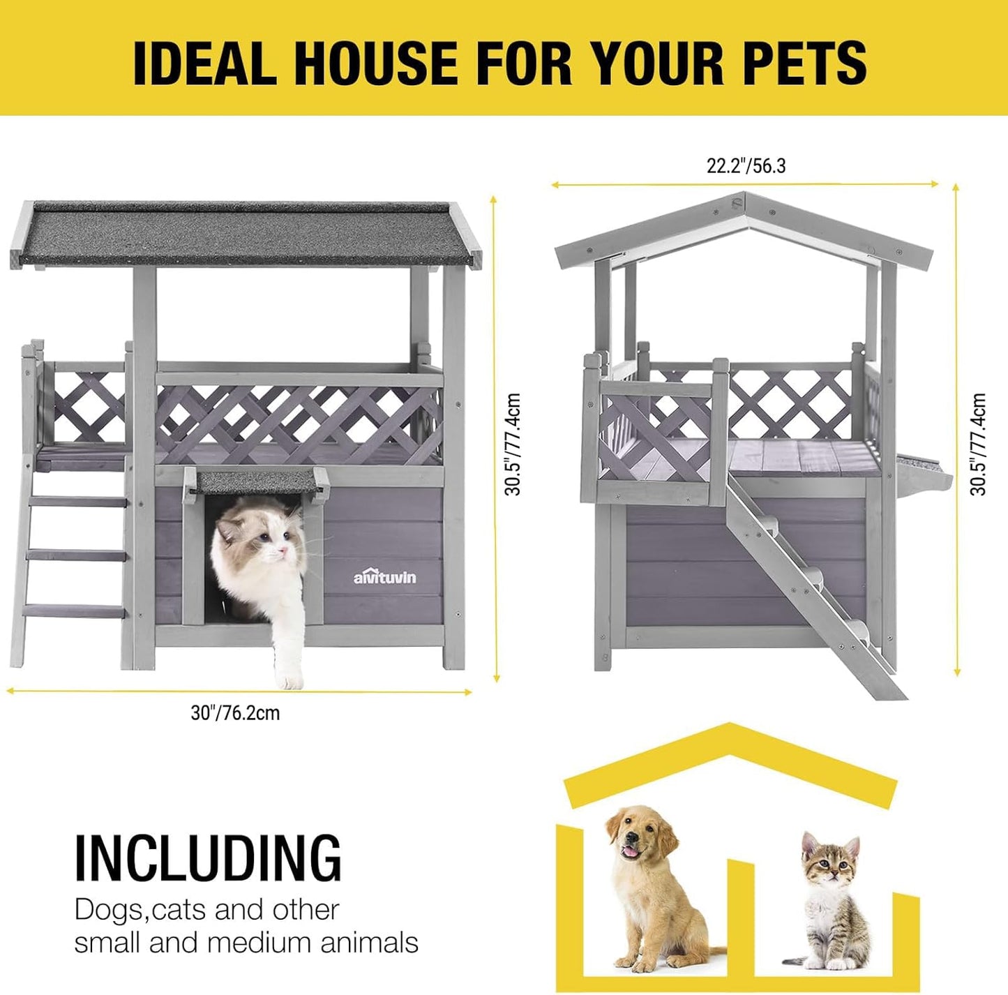 Aivituvin Cat House Outdoor Indoor Feral Kitty Shelter with Escape Door for Cats, Weatherproof Roof