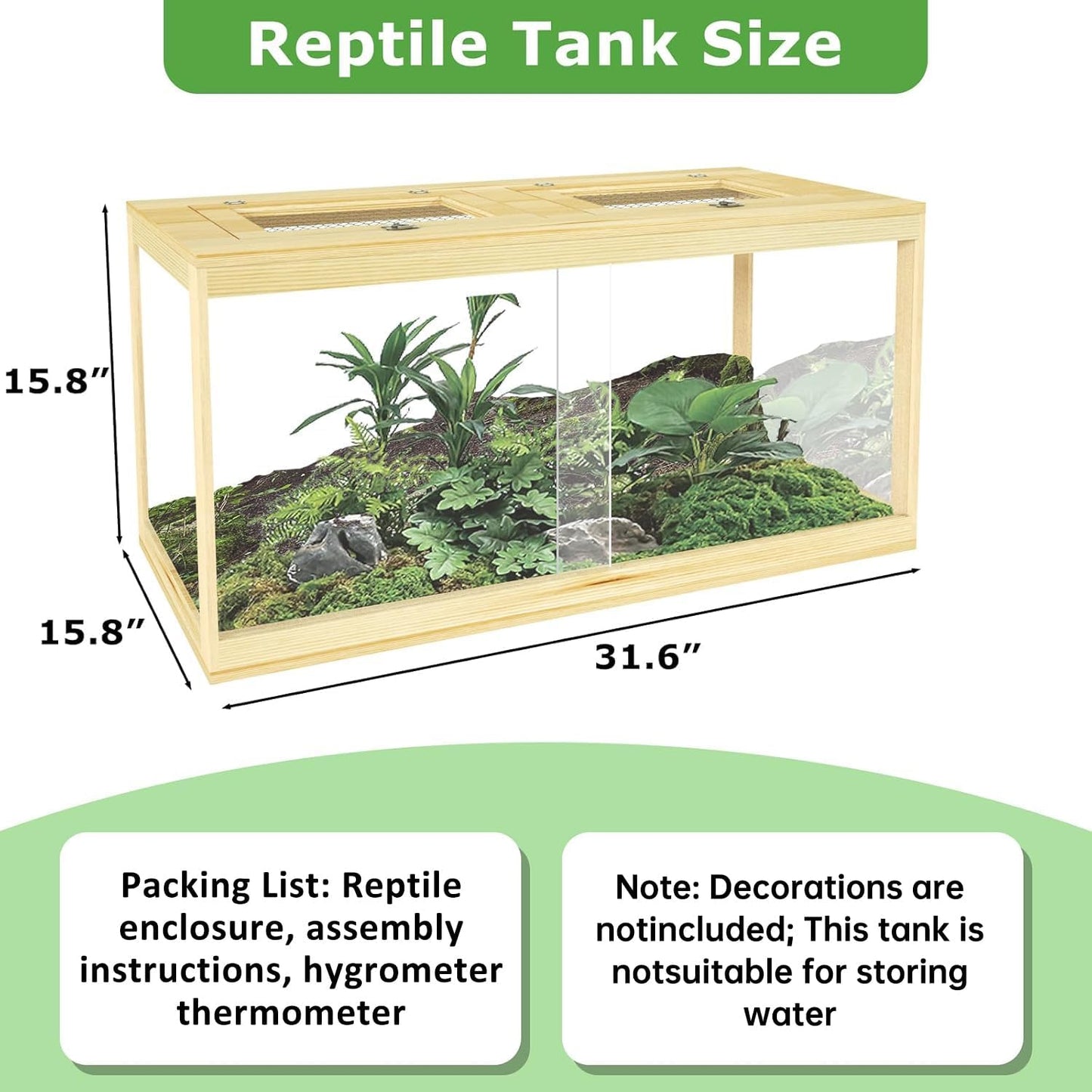 Reptile Terrarium Tank 37 Gallon, Snake Enclosure, Lizard, Leopard Gecko Tank with Openable Metal Mesh, Lockable Bearded Dragon Tank, Front Opening Reptile Cage (Wood, 32" x 16" x 16")