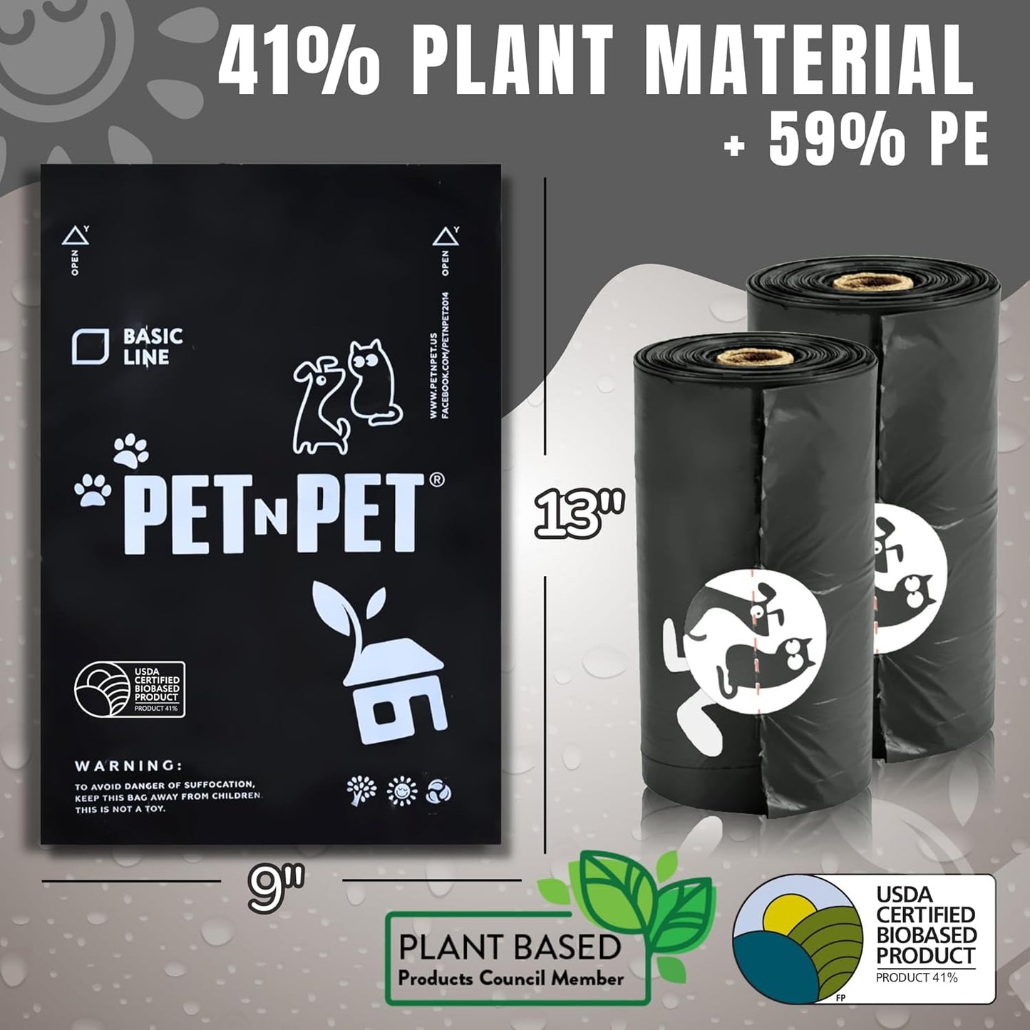 Pet N Pet 1080 Counts Black Poop Bags for Dogs, 41% Plant Based & 59% PE Extra Thick Dog Poop Bags Rolls, 9" x 13", Unscented Pet Waste Bag