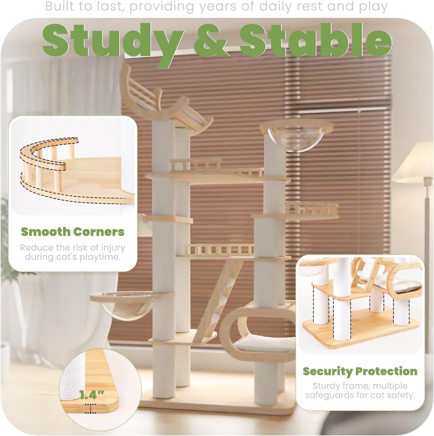 82.7'' Large Cat Tree, Modern Cat Tower with Scratching Post, Luxury Cat House, Wood Cat Tree for Indoor Cats Large Adult, Multi-Level Activity Center with Hammock, Clear Bowl, Semi-Closed Condo