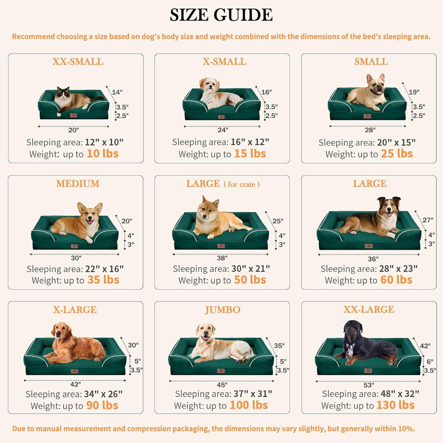 Comfort Expression Small Dog Beds Waterproof Orthopedic Foam Dog Sofa Beds for Small Dogs Comfy Pet Bed with Washable Removable Cover & Non-Slip Bottom(X-Small,Emerald)