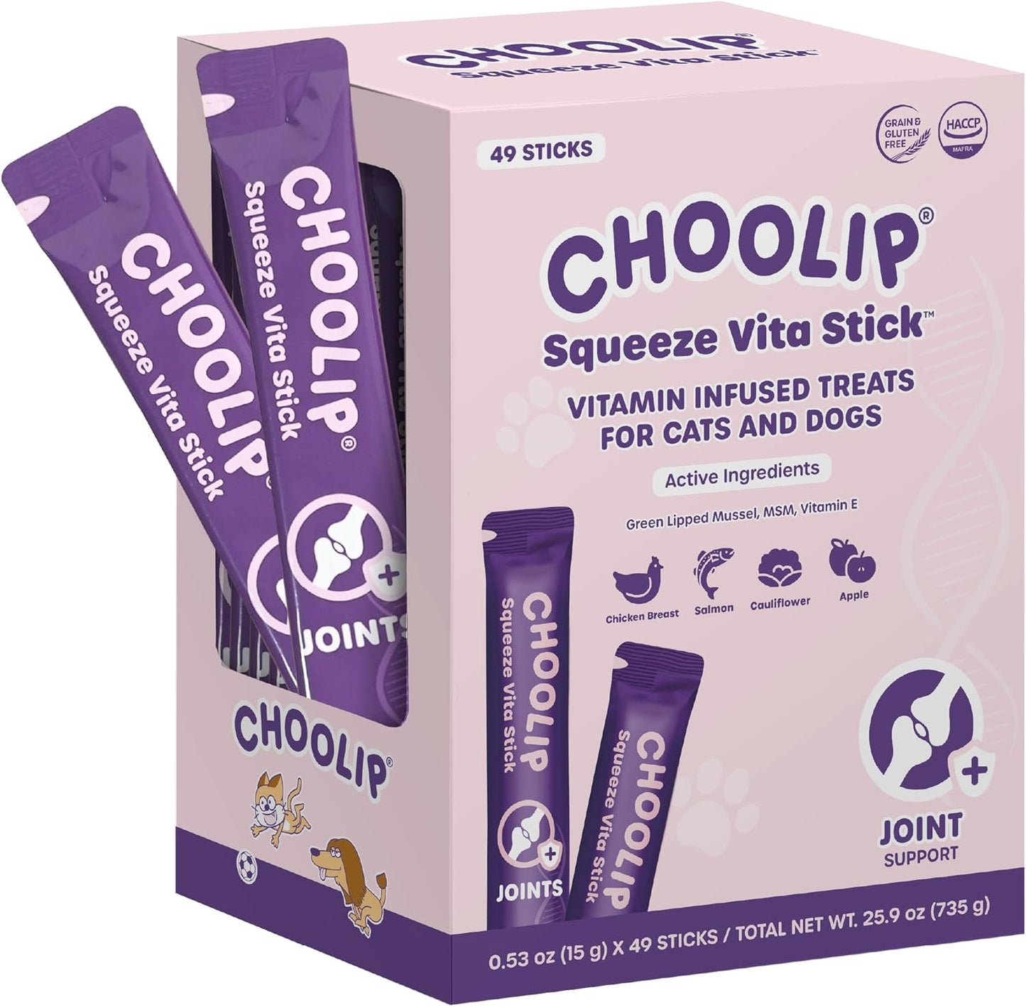 Grab & Go Squeeze Vita Stick Lickable Treats for Dogs & Cats. 49 Joint Support Sticks with Essential multivitamins. Soft and Tasty Paste for All Life Stages, Supporting Joints Health