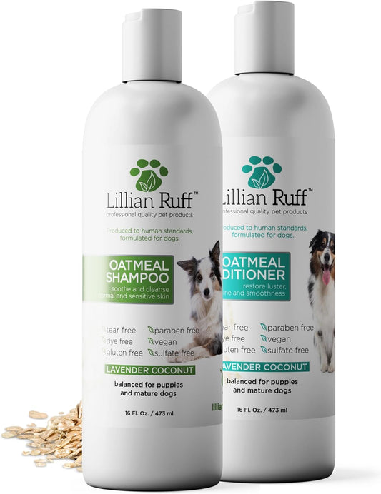 Lillian Ruff PRO Formula Deodorizing Oatmeal Dog Shampoo & Conditioner Set - Calm Itching & Allergies, Ultra-Nourishing Dry Skin Relief - Oatmeal, Aloe, Coconut Oil, Lavender & Provitamin B5, USA Made