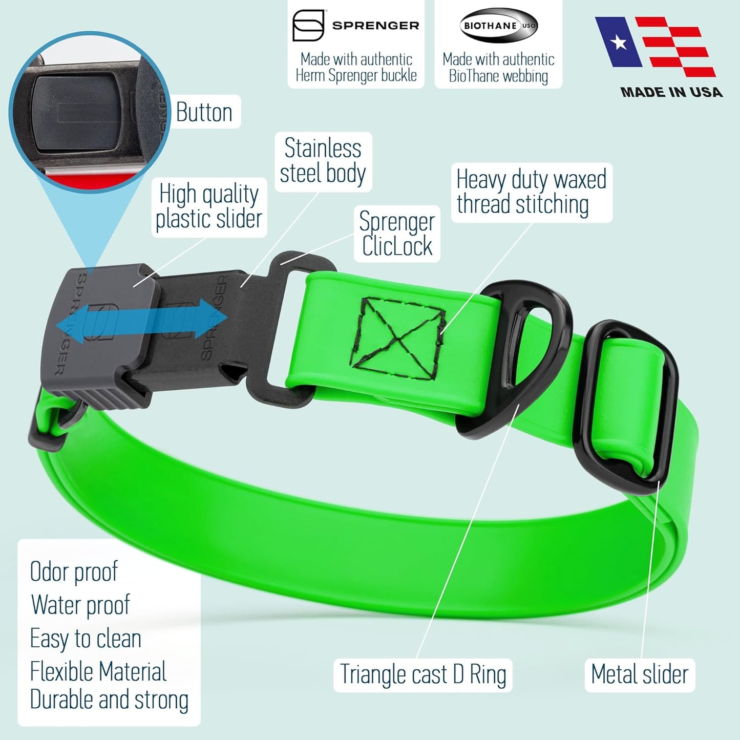 Dogline Biothane Waterproof Dog Collar with Herm Sprenger Black Stainless Steel Quick Release Buckle – Heavy Duty Tactical Durable Collar for Dogs – Comfortable and Safe Pet Collar W 1" L 15-25" Green