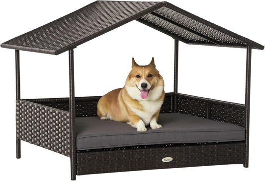 PawHut Wicker Dog House Outdoor with Canopy, Rattan Dog Bed with Water-Resistant Cushion, Raised Dog Bed for Small, Medium Dogs up to 66 lbs, 19.75" in Length, Brown Wicker, Gray Cushion