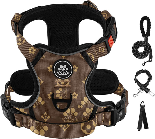 IVY&LANE No Pull Dog Harness with Leash Set, Reflective No Choke Pet Vest,Adjustable Oxford Dog Vest Harness with Easy Control Handle for Large Dogs (Dark Brown,L)