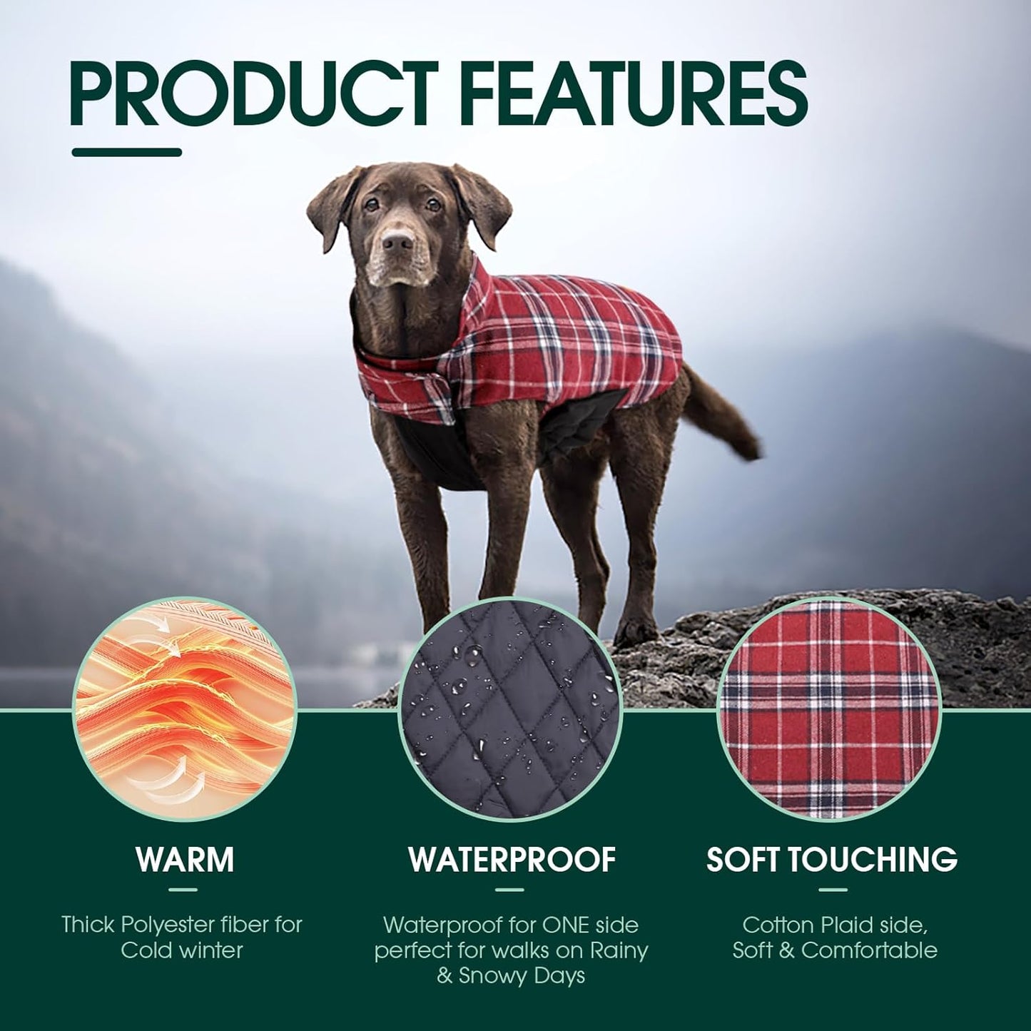 Kuoser Waterproof Dog Coat, Reversible Dog Jacket for Large Dogs, Adjustable Durable Doggie Winter Coat for Groowing Puppies Warm Puppy Cold Weather Apparel, Red L