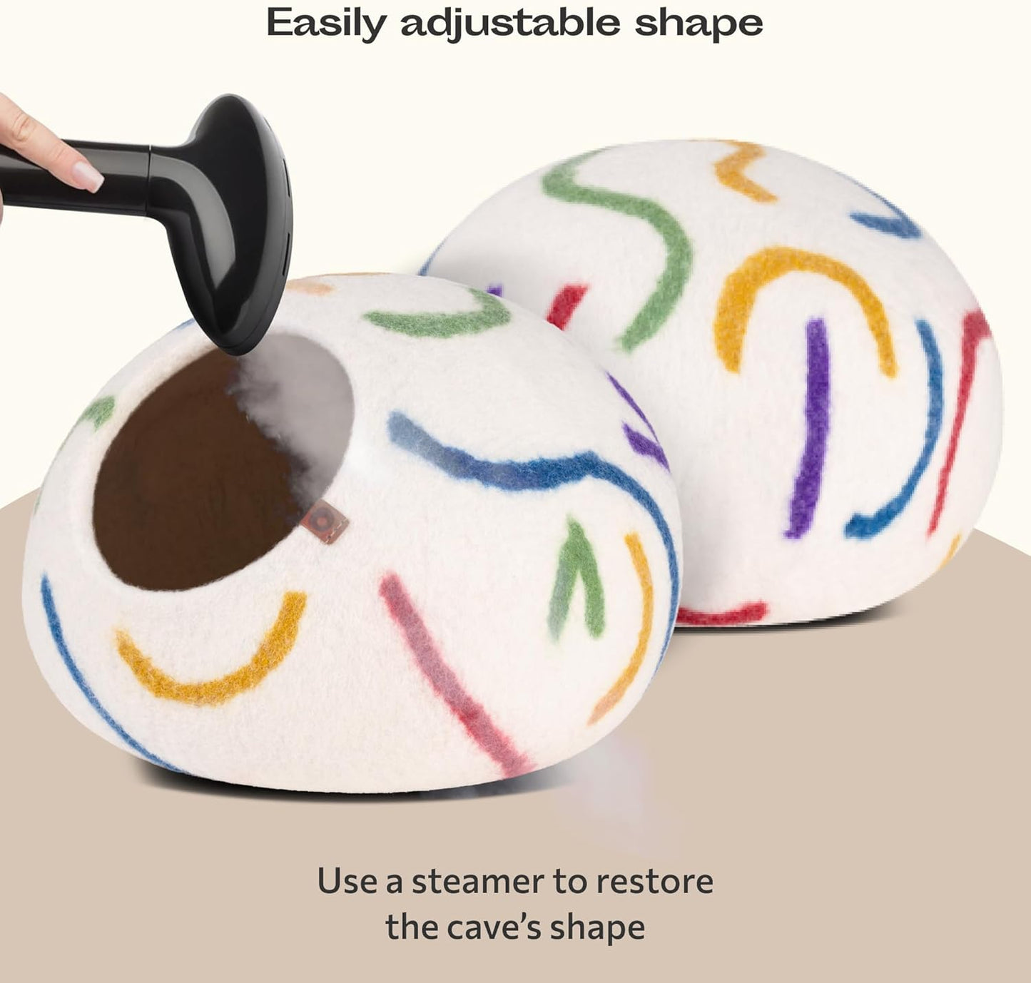 MEOWFIA Cat Cave – Premium Felt Cat Bed for Indoor Cats, Handmade 100% Merino Wool (Large, Ivory Rainbow)