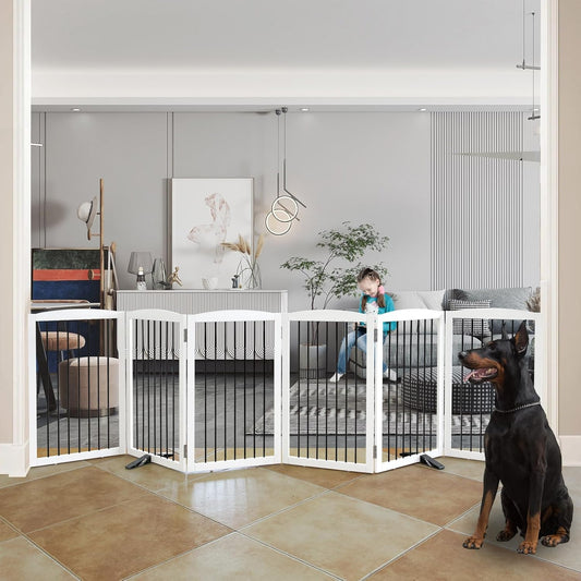 Freestanding Panel Dog Gate for Indoor, Doorways,Stairs, or Hallways,Foldable Wooden Dog Gates for House,Pet Gate for Dogs,Dog Fence, Puppy Gate,Support Feet Included,32 "Height-6 Panels,White