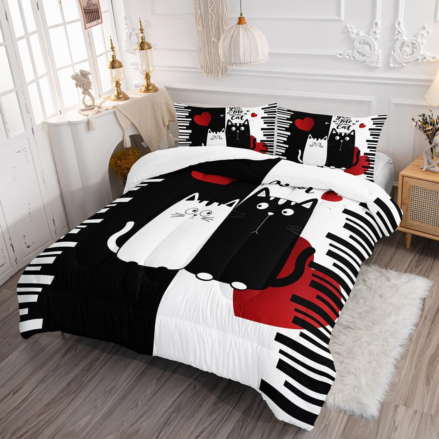 Kawaii Pet Cat Themed Comforter 3Pcs Queen Lover's Kitten Animal Bedding Set for Cat Lover Kid Teen Girl Boy Black White Cat Heart Pattern Quilt Bed Decor with 1 Comforter and 2 Pillowcases