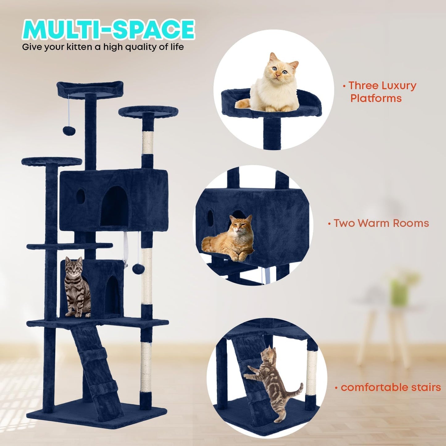 FDW Cat Tree 70in Cat Tower Multi-Level Durable Cat Scratching Post & Cozy Fun Cat Jumping Platform Space Saving Cat Condo Pet Play House for Indoor Cats,Navy Blue