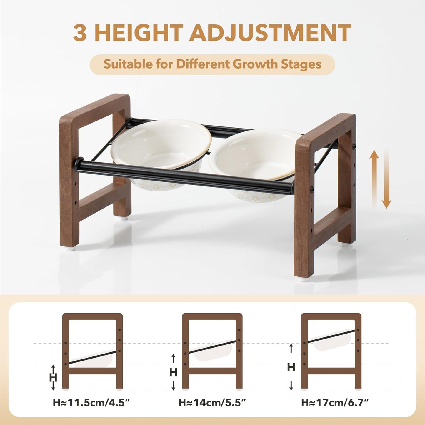 6.3inch Ceramic Adjustable Raised Double Bowls Set with Stand, 3 Heights Elevated, 2 Placement Options,Food and Water Bowls for Adult Cat Small and Medium Dog(Reactived Glaze -White)