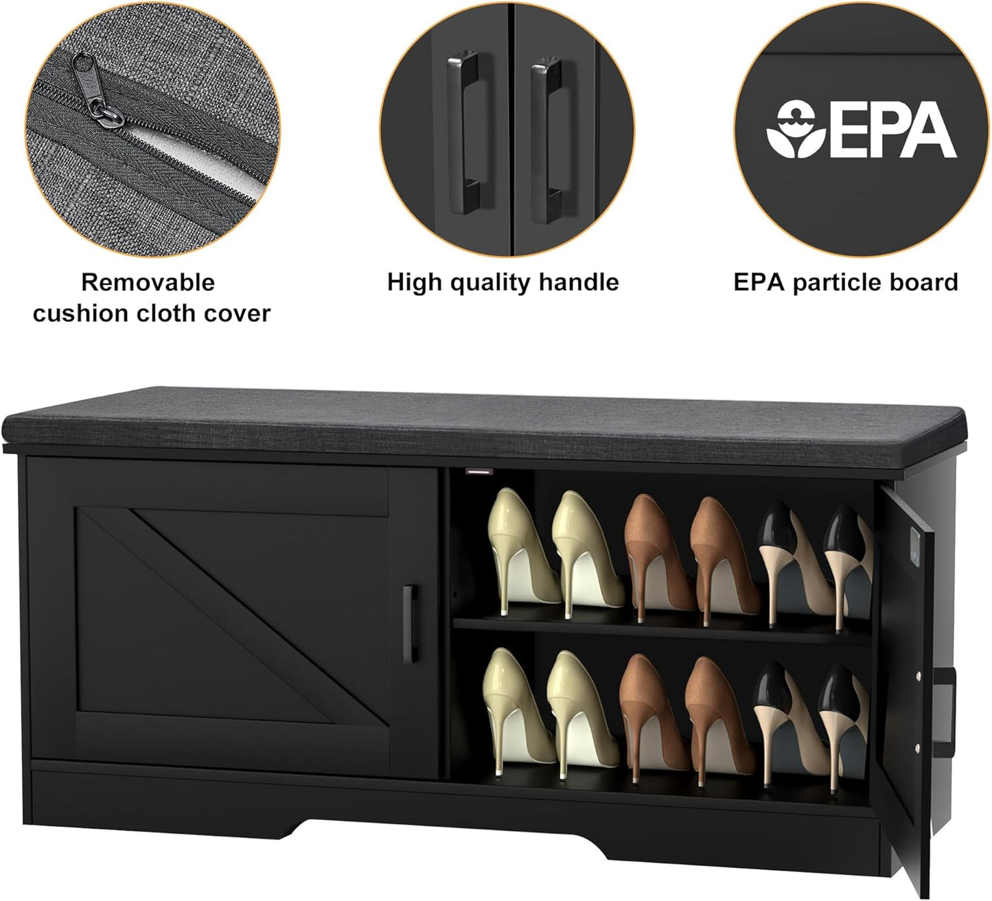 2-Tier Storage Bench, Shoe Bench with Padded Seat Cushion, Entryway Bench with 2 Barn Doors, Adjustable Shelf, 13.8" D x 39.4" W x 17.7" H, for Entryway, Living Room, Bedroom, Black