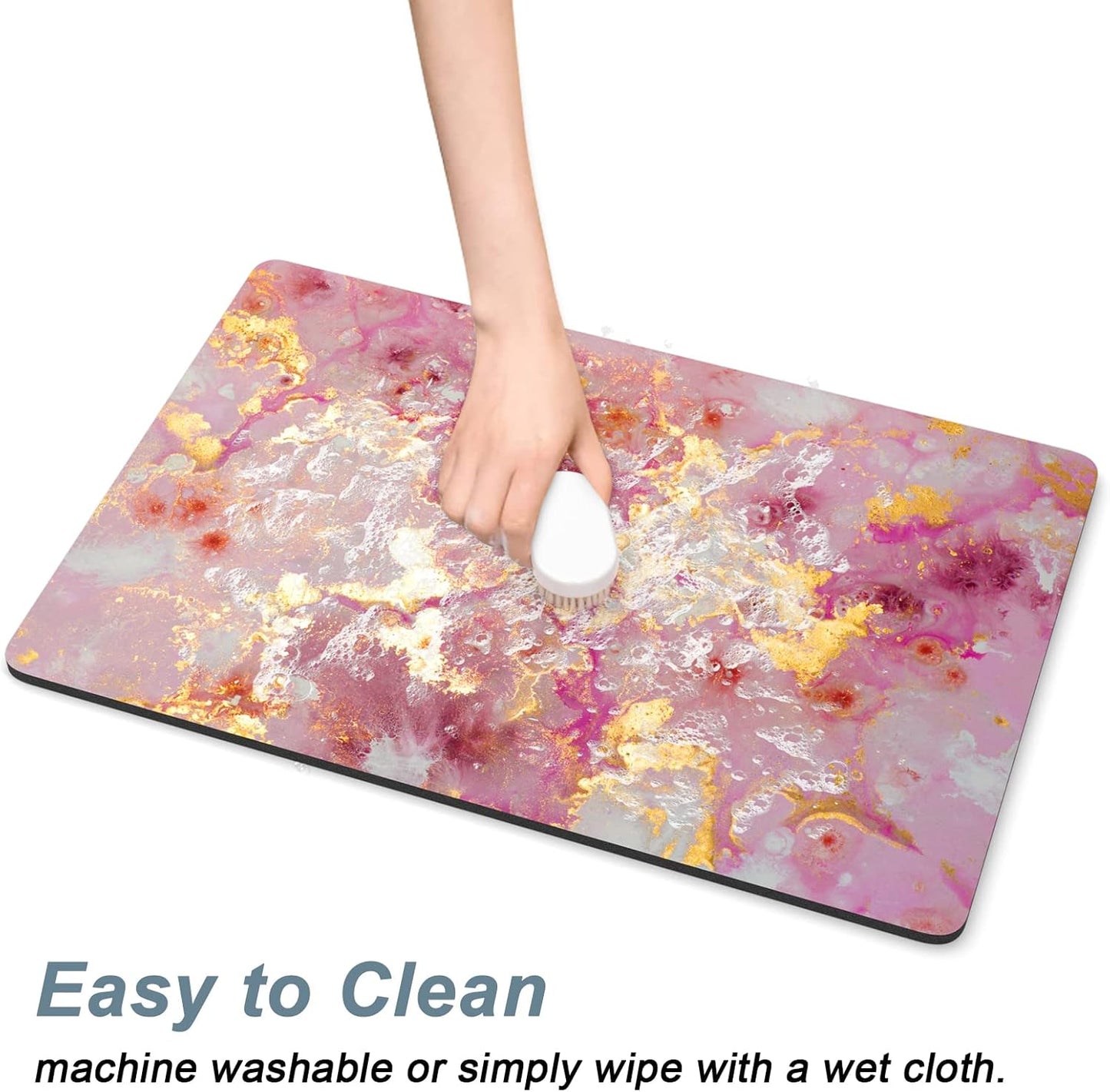 Rnivvi Dog Food Mat, 12" x 19" Absorbent Dog Cat Bowl Mat for Food and Water, Cute Anti-Slip Rubber Pet Feeding Rug Protect Floors, Puppy Placemat for Feeding & Watering Supplies, Pink Gold