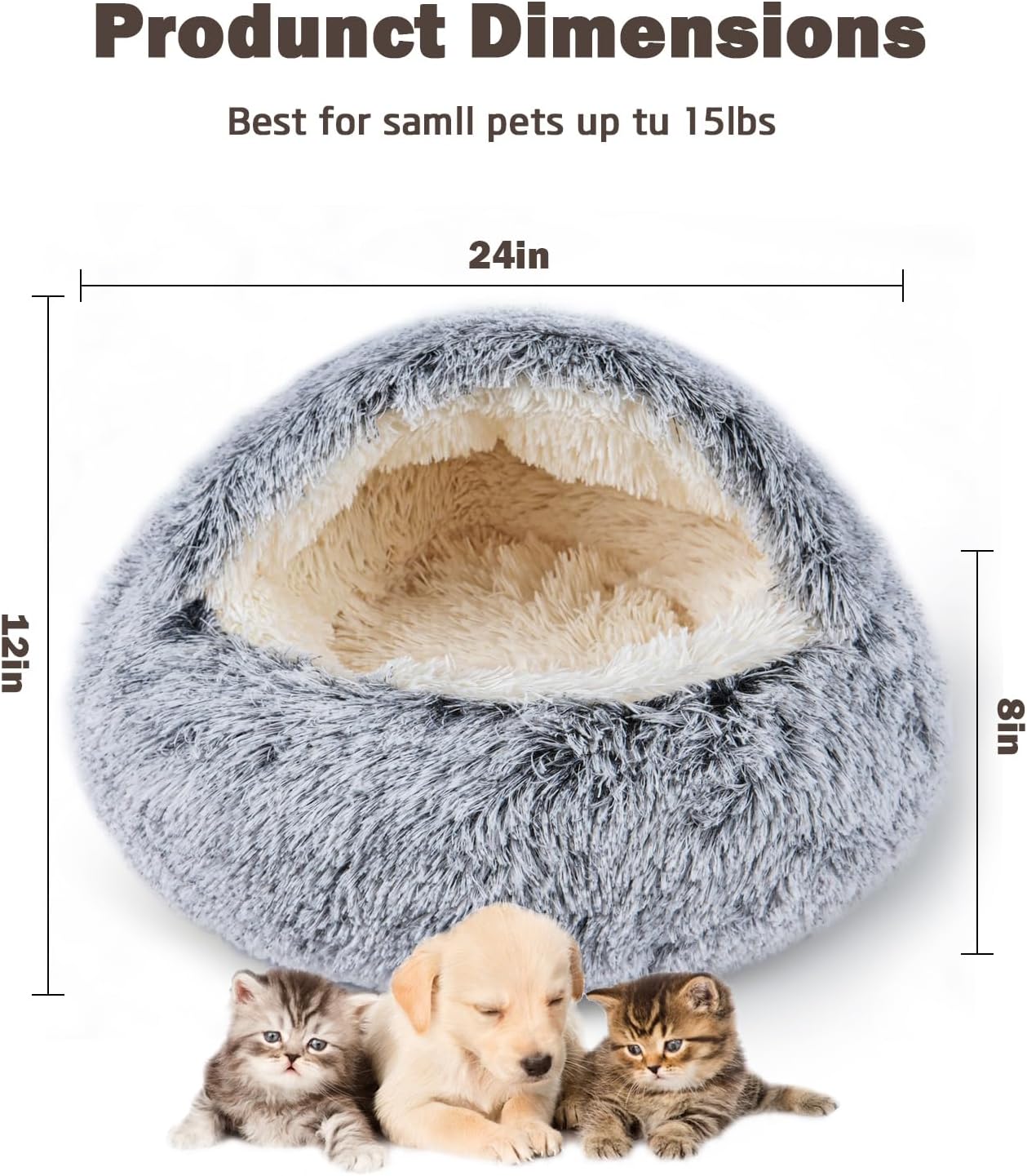 Cat Bed for Indoor Cats, Calming Cozy Cave with Self-Warming Plush, Entire Bed Machine Washable & Anti-Slip Base, Breathable Pet Bed for Small Cats&Dogs All Seasons (Grey, 24 * 24inch)