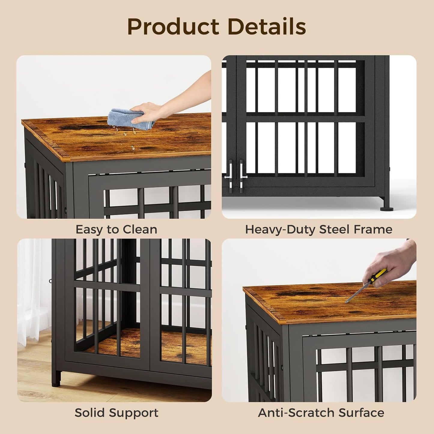 32 Inch Heavy Duty Wooden Dog Kennel End Table with Double Door Design and Secure Locks, Indoor Pet Crate Furniture for Medium Dogs, Decorative Home Cage Design,Aged Black