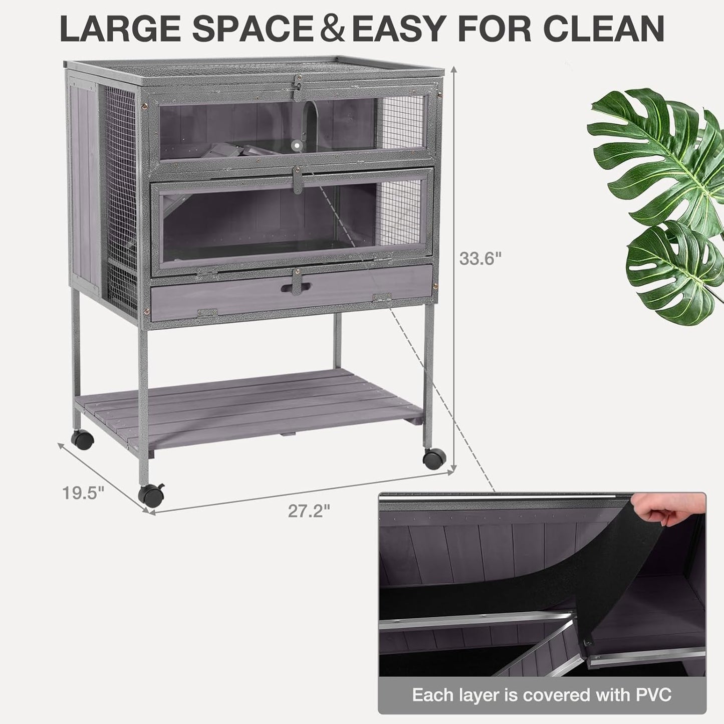 Guinea Pig Cage, Moveable Metal Frame Hamster Cage Anti-Chewing with Aluminium Alloy Edge, Hideouts, Ramps, Seesaws Chewing Toy, Deeper Pull-Out Leakproof Tray for Indoor Outdoor(Grey